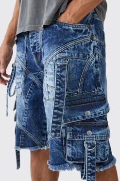 Baggy Rigid Strap And Buckle Detail Jort In Indigo | BoohooMAN UK