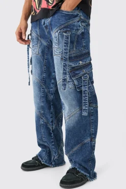 Baggy Rigid Strap And Buckle Detail Jeans In Indigo | BoohooMAN UK
