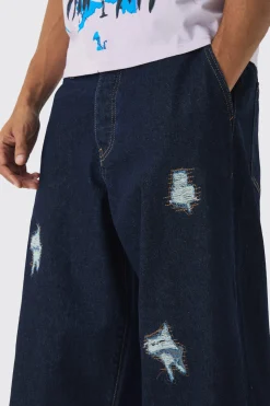 Balloon Fit Rigid Ripped Indigo Jeans | BoohooMAN UK