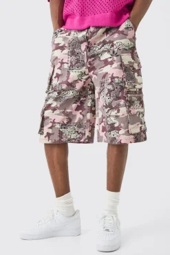 Bandanna Camo Fixed Waist Multi Pocket Jorts | BoohooMAN UK