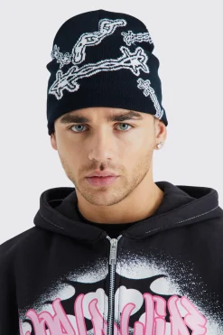 Barbed Wire Jacquard Beanie | BoohooMAN UK