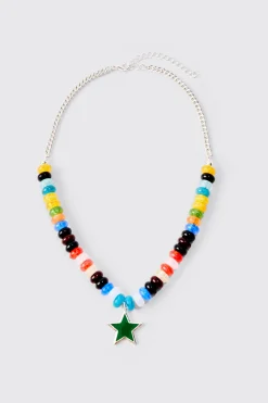 Beaded Star Necklace Chain In In Silver | BoohooMAN UK