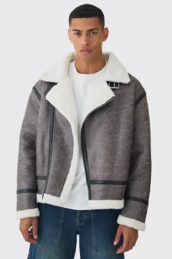 Biker Detail Borg Aviator Jacket In Grey | BoohooMAN UK