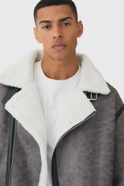 Biker Detail Borg Aviator Jacket In Grey | BoohooMAN UK