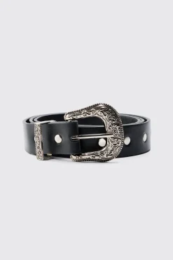 Black Western Studded Silver Buckle Belt | BoohooMAN UK