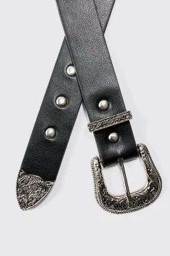 Black Western Studded Silver Buckle Belt | BoohooMAN UK