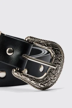 Black Western Studded Silver Buckle Belt | BoohooMAN UK