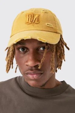 BM Applique Distressed Cap In Mustard | BoohooMAN UK