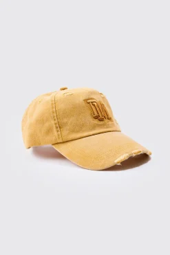 BM Applique Distressed Cap In Mustard | BoohooMAN UK