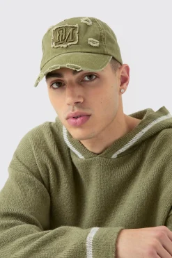 BM Applique Distressed Cap In Khaki | BoohooMAN UK