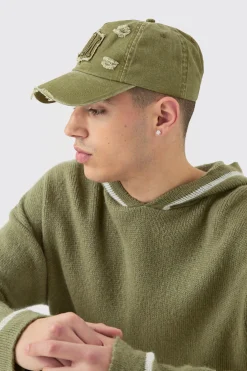 BM Applique Distressed Cap In Khaki | BoohooMAN UK