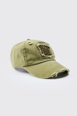 BM Applique Distressed Cap In Khaki | BoohooMAN UK