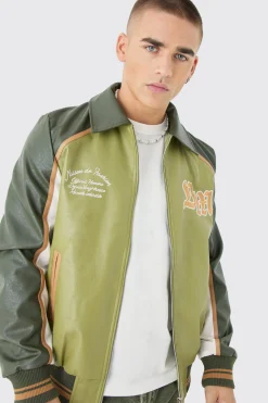 Bm Badge Collared Pu Varsity Jacket In Green | BoohooMAN UK