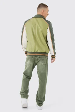 Bm Badge Collared Pu Varsity Jacket In Green | BoohooMAN UK