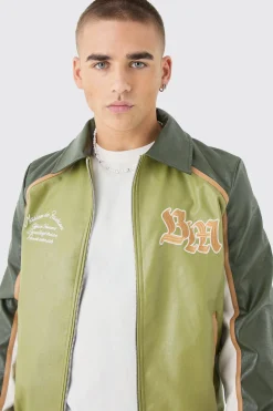 Bm Badge Collared Pu Varsity Jacket In Green | BoohooMAN UK