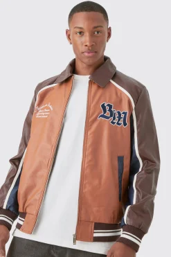 Bm Badge Collared Pu Varsity Jacket In Brown | BoohooMAN UK