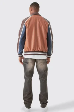 Bm Badge Collared Pu Varsity Jacket In Brown | BoohooMAN UK
