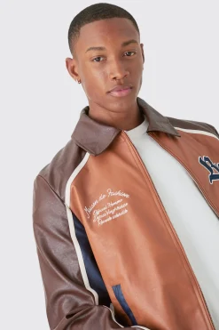 Bm Badge Collared Pu Varsity Jacket In Brown | BoohooMAN UK