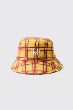 BM Checked Bucket Hat In Yellow | BoohooMAN UK