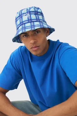 BM Checked Bucket Hat In Blue | BoohooMAN UK