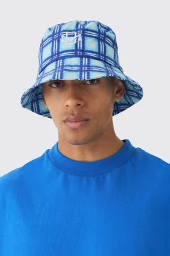 BM Checked Bucket Hat In Blue | BoohooMAN UK