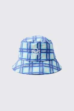 BM Checked Bucket Hat In Blue | BoohooMAN UK