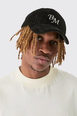 BM Embroidered Corduroy Cap In Black | BoohooMAN UK