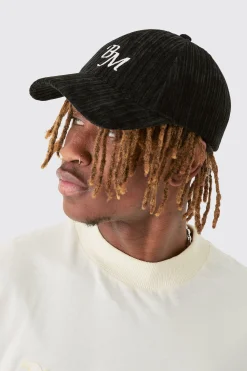 BM Embroidered Corduroy Cap In Black | BoohooMAN UK