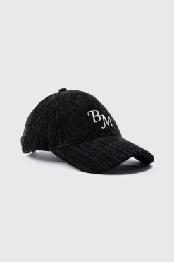 BM Embroidered Corduroy Cap In Black | BoohooMAN UK
