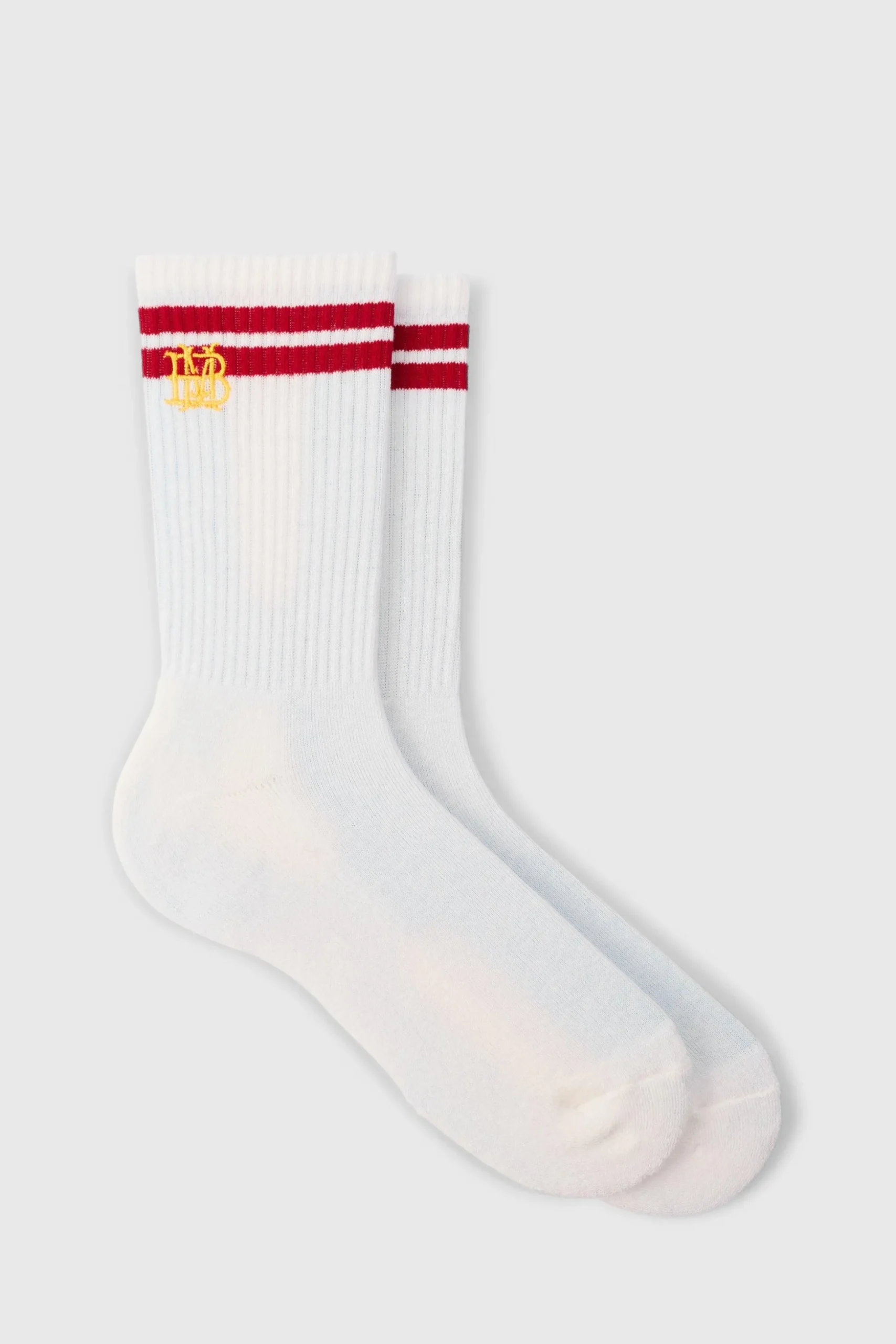 BM Embroidered Half Terry Stripe Socks In White | BoohooMAN UK