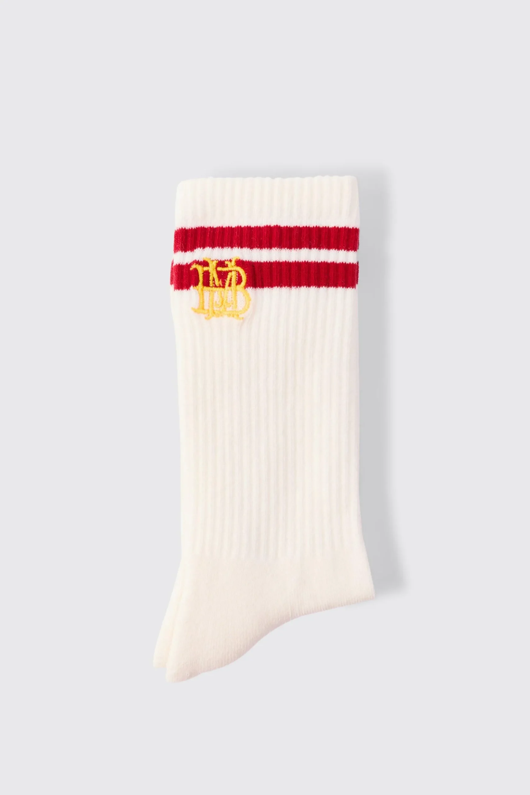 BM Embroidered Half Terry Stripe Socks In White | BoohooMAN UK