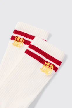BM Embroidered Half Terry Stripe Socks In White | BoohooMAN UK