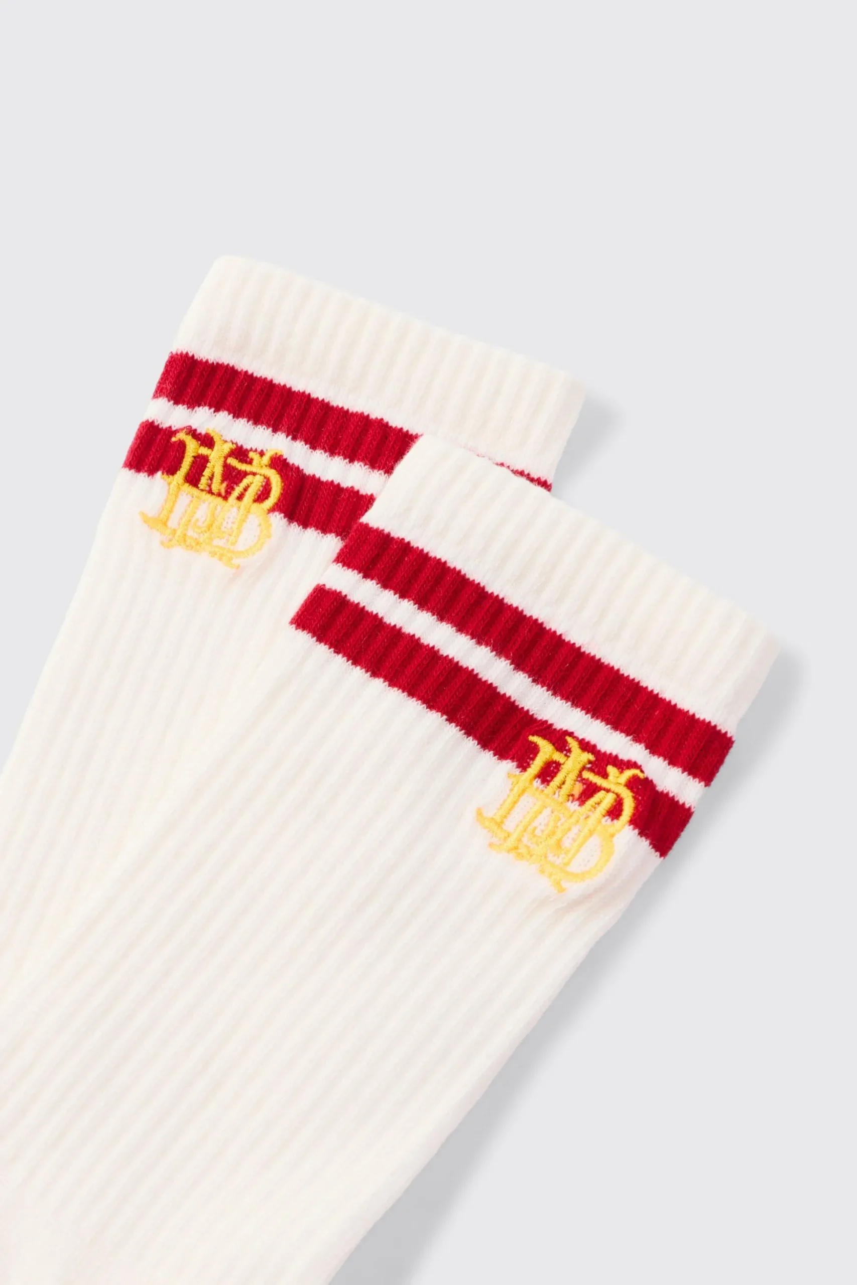 BM Embroidered Half Terry Stripe Socks In White | BoohooMAN UK