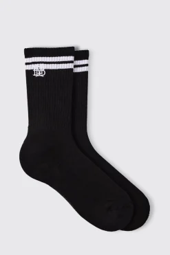BM Embroidered Half Terry Stripe Socks In Black | BoohooMAN UK