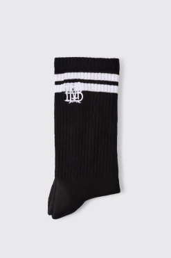 BM Embroidered Half Terry Stripe Socks In Black | BoohooMAN UK
