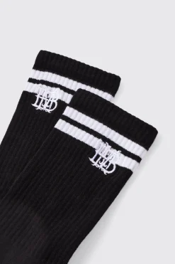 BM Embroidered Half Terry Stripe Socks In Black | BoohooMAN UK