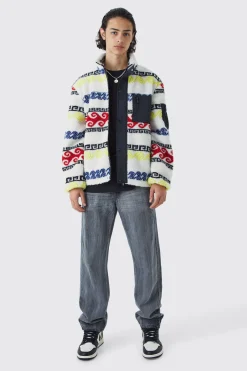 Borg & Nylon Mix Aztec Funnel Neck Jacket | BoohooMAN UK