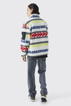 Borg & Nylon Mix Aztec Funnel Neck Jacket | BoohooMAN UK