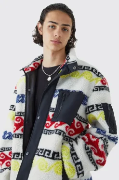 Borg & Nylon Mix Aztec Funnel Neck Jacket | BoohooMAN UK