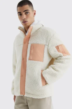 Borg & Nylon Mix Funnel Neck Jacket | BoohooMAN UK