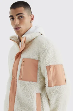 Borg & Nylon Mix Funnel Neck Jacket | BoohooMAN UK