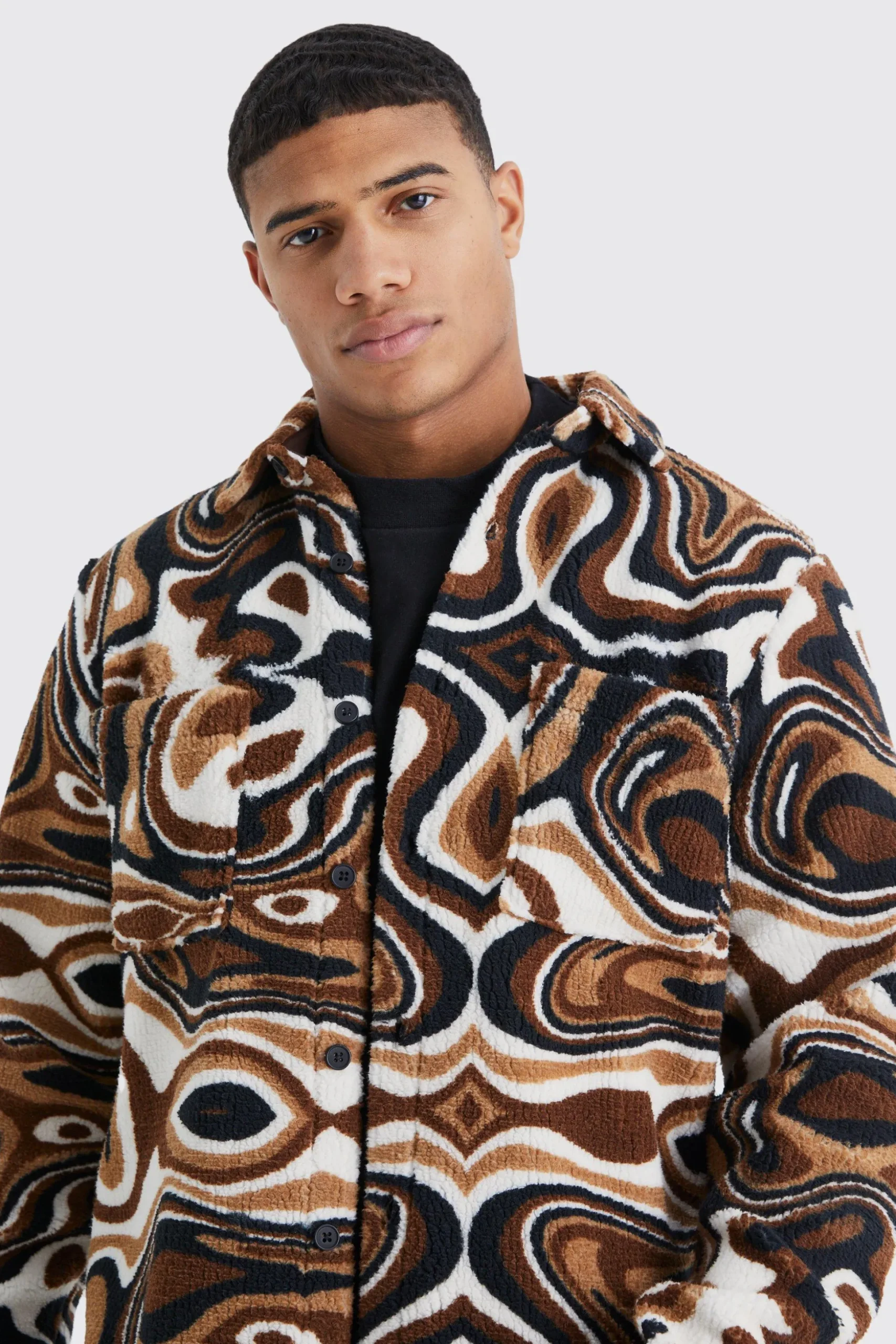 Borg Abstract Pocket Overshirt | BoohooMAN UK