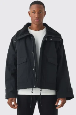 Borg Collar Parka In Black | BoohooMAN UK