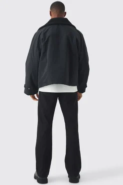 Borg Collar Parka In Black | BoohooMAN UK