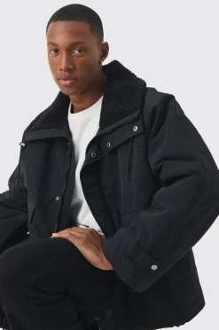 Borg Collar Parka In Black | BoohooMAN UK