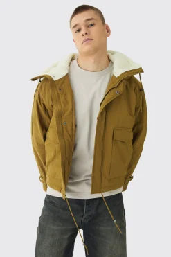 Borg Collar Parka In Khaki | BoohooMAN UK