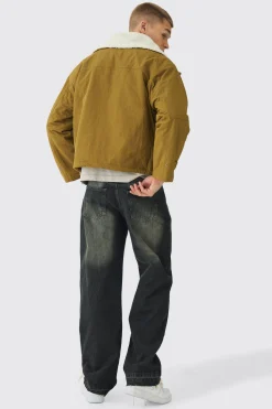 Borg Collar Parka In Khaki | BoohooMAN UK
