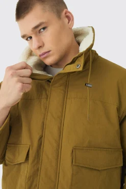 Borg Collar Parka In Khaki | BoohooMAN UK