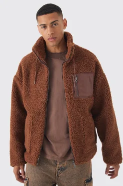 Borg Funnel Neck Pu Pocket Jacket In Tan | BoohooMAN UK