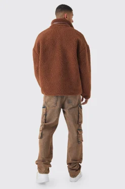 Borg Funnel Neck Pu Pocket Jacket In Tan | BoohooMAN UK